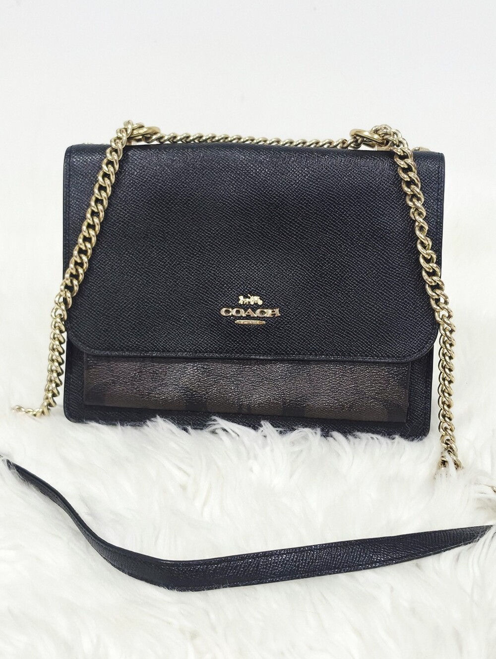 Coach Klare Crossbody Black Leather Signature Canvas Chain Bag